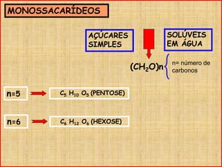 MONOSSACARÍDEOS
AÇÚCARES
SIMPLES
SOLÚVEIS
EM ÁGUA
(CH2O)n
n= número de
carbonos
n=5 C5 H10 O5 (PENTOSE)
n=6 C6 H12 O6 (HEXOSE)
 