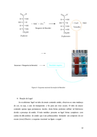 12
Figura 6- Esquema reacional da reação de Benedict
4- Reação de Lugol
Ao se adicionar lugol no tubo de ensaio contendo amido, observou-se uma mudança
de cor, ou seja, a saiu do transparente e foi para um roxo escuro. O tubo de ensaio
contendo apenas água permaneceu incolor, desta forma podemos atribuir tal fenômeno
devido a presença de amido. O iodo metálico presente no lugol forma complexos com
cadeia de alfa-amilose do amido que é um polissacarídeo formando um composto de cor
escura (roxo).Observe o esquema reacional na figura a seguir :
 