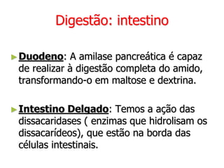 Digestão: intestino
►Duodeno: A amilase pancreática é capaz
de realizar à digestão completa do amido,
transformando-o em maltose e dextrina.
►Intestino Delgado: Temos a ação das
dissacaridases ( enzimas que hidrolisam os
dissacarídeos), que estão na borda das
células intestinais.
 