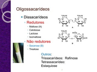 Oligossacarídeos
 Dissacarídeos
◦ Redutores
 Maltose (A)
 Celobiose
 Lactose
 Isomaltose
◦ Não redutores
 Sacarose (B)
 Trealose
2
Outros:
Trissacarídeos: Rafinose
Tetrassacarídeo:
Estaquiose
 