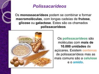 Os monossacarídeos podem se combinar e formar
macromoléculas, com longas cadeias de frutose,
glicose ou galactose. Estes são os chamados
polissacarídeos
Polissacarídeos
Os polissacarídeos são
moléculas com mais de
10.000 unidades de
açúcares. Existem centenas
de polissacarídeos mas as
mais comuns são a celulose
e o amido.
 