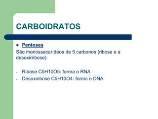 CARBOIDRATOS
 Pentoses
São monossacarídeos de 5 carbonos (ribose e a
desoxirribose):
- Ribose C5H10O5: forma o RNA
- Desoxiribose C5H10O4: forma o DNA
 