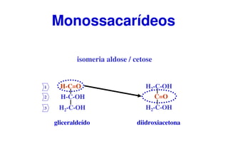 isomeria aldose / cetose
gliceraldeído
H-C=O
H-C-OH
H2-C-OH
C=O
H2-C-OH
H2-C-OH
diidroxiacetona
1
2
3
Monossacarídeos
 