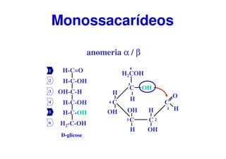 anomeria αααα / ββββ
H-C=O
OH-C-H
H-C-OH
H2-C-OH
H-C-OH
H-C-OH
1
2
3
4
5
6
D-glicose
C
H
OH
C C
CC
H
H H
OH OH
O
OH
H2COH
H
6
5
4
3 2
1
Monossacarídeos
 