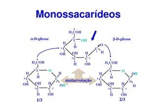 mutarrotação
C
H
O
C C
CC
H
H
HOH OH
OH
OH
H2COH
H
6
5
4
3 2
1
C
H
O
C C
CC
H
H
OHOH OH
H
OH
H2COH
H
6
5
4
3 2
1
αααα-D-glicose ββββ-D-glicose
2/31/3
C
H
OH
C C
CC
H
H HOH OH
O
OH
H2COH
H
6
5
4
3 2
1
Monossacarídeos
 
