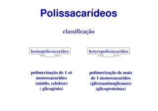 Polissacarídeos
classificação
homopolissacarídeo
polimerização de 1 só
monossacarídeo
(amido, celulose)
( glicogênio)
heteropolissacarídeo
polimerização de mais
de 1 monossacarídeo
(glicosaminoglicanos)
(glicoproteínas)
 
