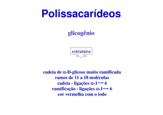 glicogênio
estrutura
cadeia de αααα-D-glicose muito ramificada
ramos de 11 a 18 moléculas
cadeia - ligações αααα-1 4
ramificação - ligações αααα-1 6
cor vermelha com o iodo
Polissacarídeos
 