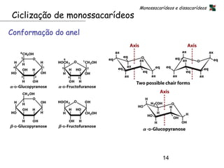 Monossacarídeos e dissacarídeos
Ciclização de monossacarídeos
Conformação do anel




                                          14
 