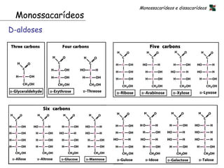 Monossacarídeos e dissacarídeos
 Monossacarídeos
D-aldoses




                             9
 