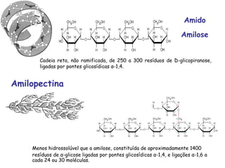 Amido
Amilose
Amilopectina
Cadeia reta, não ramificada, de 250 a 300 resíduos de D-glicopiranose,
ligadas por pontes glicosídicas α-1,4.
Menos hidrossolúvel que a amilose, constituída de aproximadamente 1400
resíduos de α-glicose ligadas por pontes glicosídicas α-1,4, e ligações α-1,6 a
cada 24 ou 30 moléculas.
 