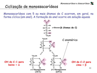 Monossacarídeos e dissacarídeos
 Ciclização de monossacarídeos
Monossacarídeos com 5 ou mais átomos de C ocorrem, em geral, na
forma cíclica (em anel). A formação do anel ocorre em solução aquosa


                                          (6 átomos de C)




                                               C anomérico




OH do C-1 para                                         OH do C-2 para
  baixo = α                                               cima = β
                                                                         11
                       (36%)           (64%)
 