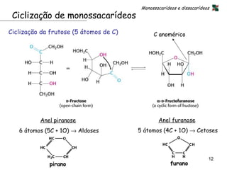Monossacarídeos e dissacarídeos
 Ciclização de monossacarídeos
Ciclização da frutose (5 átomos de C)         C anomérico




          Anel piranose                         Anel furanose
   6 átomos (5C + 1O) → Aldoses         5 átomos (4C + 1O) → Cetoses



                                                                       12
             pirano                                   furano
 