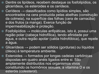  Dentre os lipídeos, recebem destaque os fosfolipídios, os
glicerídeos, os esteroides e os cerídeos.
 Cerídeos → classificados como lipídios simples, são
encontrados na cera produzida pelas abelhas (construção
da colmeia), na superfície das folhas (cera de carnaúba)
e dos frutos (a manga). Exerce função de
impermeabilização e proteção.
 Fosfolipídios → moléculas anfipáticas, isto é, possui uma
região polar (cabeça hidrofílica), tendo afinidade por
água, e outra região apolar (calda hidrofóbica), que repele
a água.
 Glicerídeos → podem ser sólidos (gorduras) ou líquidos
(óleos) à temperatura ambiente.
 Esteroides → formados por longas cadeias carbônicas
dispostas em quatro anéis ligados entre si. São
amplamente distribuídos nos organismos vivos
constituindo os hormônios sexuais, a vitamina D e os
esteróis (colesterol).
 
