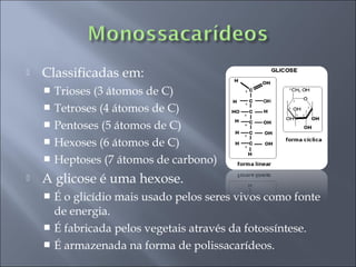    Classificadas em:
     Trioses (3 átomos de C)
     Tetroses (4 átomos de C)
     Pentoses (5 átomos de C)
     Hexoses (6 átomos de C)
     Heptoses (7 átomos de carbono)

   A glicose é uma hexose.
     É o glicídio mais usado pelos seres vivos como fonte
      de energia.
     É fabricada pelos vegetais através da fotossíntese.
     É armazenada na forma de polissacarídeos.
 