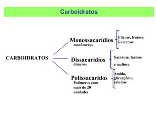 Amido,
glicorgênio,
celulose
CARBOIDRATOS
Monossacarídios
Dissacaridíos
Polissacarídos
Glicose, frutose,
Galactose
Sacarose, lactose
e maltose
Carboidratos
monômeros
dímeros
Polímeros com
mais de 20
unidades
 