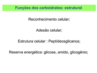 Funções dos carboidratos
Reconhecimento celular;
Adesão celular;
Estrutura celular : Peptídeosglicanos;
Reserva energética: glicose, amido, glicogênio;
Funções dos carboidratos: estrutural
 