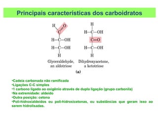 Principais características dos carboidratos
•Cadeia carbonada não ramificada
•Ligações C-C simples
•1 carbono ligado ao oxigênio através de dupla ligação (grupo carbonila)
•Na extremidade: aldeído
•Outra posição: cetona
•Poli-hidroxialdeídos ou poli-hidroxicetonas, ou substâncias que geram isso ao
serem hidrolisadas.
 