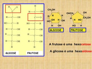 A frutose é uma  hexo cetose GLICOSE FRUTOSE GLICOSE FRUTOSE A glicose é uma  hexo aldose OHCH 2 HO H CH 2 OH OH H HO H CH 2 OH OH H H OH H OH H H HO 