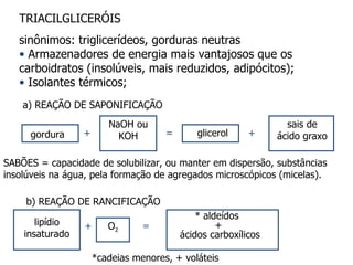 TRIACILGLICERÓIS sinônimos: triglicerídeos, gorduras neutras Armazenadores de energia mais vantajosos que os carboidratos (insolúveis, mais reduzidos, adipócitos); Isolantes térmicos; SABÕES = capacidade de solubilizar, ou manter em dispersão, substâncias insolúveis na água, pela formação de agregados microscópicos (micelas). b) REAÇÃO DE RANCIFICAÇÃO a) REAÇÃO DE SAPONIFICAÇÃO *cadeias menores, + voláteis gordura NaOH ou KOH glicerol sais de ácido graxo + + = lipídio insaturado O 2 * aldeídos  + ácidos carboxílicos + = 