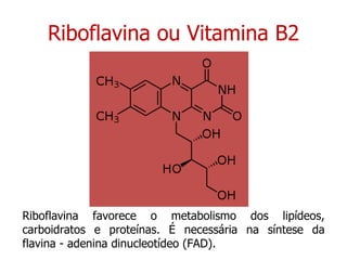 Riboflavina ou Vitamina B2 Riboflavina favorece o metabolismo dos lipídeos, carboidratos e proteínas. É necessária na síntese da flavina - adenina dinucleotídeo (FAD). 
