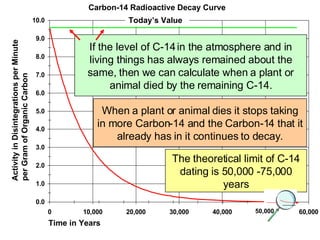 Time in Years Carbon-14 Radioactive Decay Curve Activity in Disintegrations per Minute per Gram of Organic Carbon Today’s Value  If the level of C-14 in the atmosphere and in living things has always remained about the same, then we can calculate when a plant or animal died by the remaining C-14. The theoretical limit of C-14 dating is 50,000 -75,000 years 50,000 When a plant or animal dies it stops taking in more Carbon-14 and the Carbon-14 that it already has in it continues to decay. 