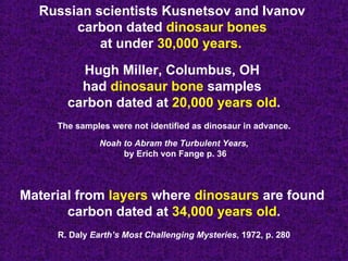 Russian scientists Kusnetsov and Ivanov  carbon dated  dinosaur bones  at under  30,000 years.   Hugh Miller, Columbus, OH  had  dinosaur bone  samples  carbon dated at  20,000 years old . The samples were not identified as dinosaur in advance. Noah to Abram the Turbulent Years, by Erich von Fange p. 36 Material from  layers  where  dinosaurs  are found  carbon dated at  34,000 years old . R. Daly  Earth’s Most Challenging Mysteries , 1972, p. 280 