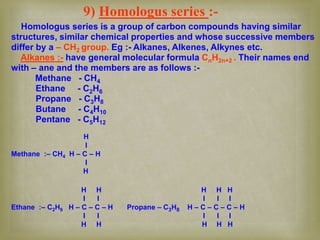 9) Homologus series :-
Homologus series is a group of carbon compounds having similar
structures, similar chemical properties and whose successive members
differ by a – CH2 group. Eg :- Alkanes, Alkenes, Alkynes etc.
Alkanes :- have general molecular formula CnH2n+2 . Their names end
with – ane and the members are as follows :-
Methane - CH4
Ethane - C2H6
Propane - C3H8
Butane - C4H10
Pentane - C5H12
H
I
Methane :– CH4 H – C – H
I
H
H H H H H
I I I I I
Ethane :– C2H6 H – C – C – H Propane – C3H8 H – C – C – C – H
I I I I I
H H H H H
 