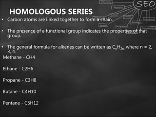 HOMOLOGOUS SERIES
• Carbon atoms are linked together to form a chain.
• The presence of a functional group indicates the properties of that
group.
• The general formula for alkenes can be written as CnH2n, where n = 2,
3, 4.
Methane - CH4
Ethane - C2H6
Propane - C3H8
Butane - C4H10
Pentane - C5H12
 