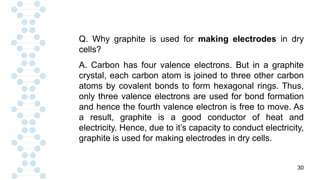 30
Q. Why graphite is used for making electrodes in dry
cells?
A. Carbon has four valence electrons. But in a graphite
crystal, each carbon atom is joined to three other carbon
atoms by covalent bonds to form hexagonal rings. Thus,
only three valence electrons are used for bond formation
and hence the fourth valence electron is free to move. As
a result, graphite is a good conductor of heat and
electricity. Hence, due to it’s capacity to conduct electricity,
graphite is used for making electrodes in dry cells.
 