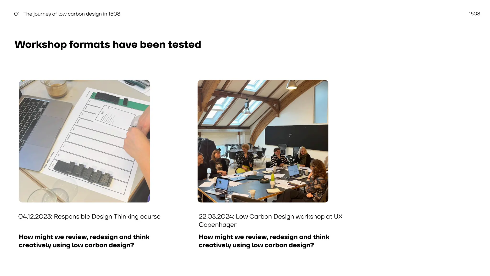 1508
Workshop formats have been tested
How might we review, redesign and think
creatively using low carbon design?
01 The journey of low carbon design in 1508
04.12.2023: Responsible Design Thinking course 22.03.2024: Low Carbon Design workshop at UX
Copenhagen
How might we review, redesign and think
creatively using low carbon design?
 