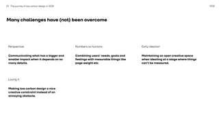 1508
Many challenges have (not) been overcome
Communicating what has a bigger and
smaller impact when it depends on so
many details.
01 The journey of low carbon design in 1508
Perspective Numbers vs humans
Combining users’ needs, goals and
feelings with meaurable things like
page weight etc.
Early ideation
Maintaining an open creative space
when ideating at a stage where things
can’t be measured.
Making low carbon design a nice
creative constraint instead of an
annoying obstacle.
Loving it
 