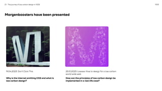 1508
Morgenboosters have been presented
Why is the internet emitting CO2 and what is
low carbon design?
01 The journey of low carbon design in 1508
19.04.2023: Don’t Click This 25.10.2023: Lowww: How to design for a low carbon
world wide web
How can the principles of low carbon design be
implemented in a real life case?
 