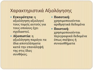 Χαρακτηριστικά Αξιολόγησης
 Εγκυρότητα: η
αξιολόγηση αξιολογεί
τους τομείς αυτούς για
τους οποίους έχει
σχεδιαστεί.
 Αξιοπιστία: η
αξιολόγηση παράγει τα
ίδια αποτελέσματα
κατά την επανάληψή
της στις ίδιες
συνθήκες.
 Ποσοτική:
χρησιμοποιούνται
αριθμητικά δεδομένα
 Ποιοτική:
χρησιμοποιούνται
περιγραφικά δεδομένα
όπως σκέψεις ή
συναισθήματα
 