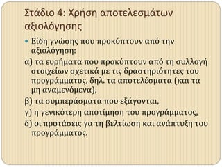 Στάδιο 4: Χρήση αποτελεσμάτων
αξιολόγησης
 Είδη γνώσης που προκύπτουν από την
αξιολόγηση:
α) τα ευρήματα που προκύπτουν από τη συλλογή
στοιχείων σχετικά με τις δραστηριότητες του
προγράμματος, δηλ. τα αποτελέσματα (και τα
μη αναμενόμενα),
β) τα συμπεράσματα που εξάγονται,
γ) η γενικότερη αποτίμηση του προγράμματος,
δ) οι προτάσεις γα τη βελτίωση και ανάπτυξη του
προγράμματος.
 