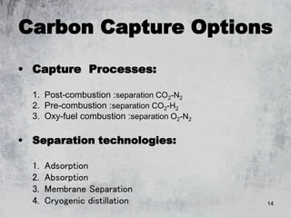 14
Carbon Capture Options
• Capture Processes:
1. Post-combustion :separation CO2-N2
2. Pre-combustion :separation CO2-H2
3. Oxy-fuel combustion :separation O2-N2
• Separation technologies:
1. Adsorption
2. Absorption
3. Membrane Separation
4. Cryogenic distillation
 