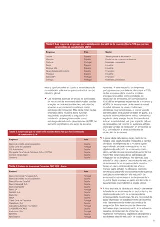retos y oportunidades en cuanto a los esfuerzos de
consolidación y de avance para combatir el cambio
climático global:
Los recientes avances en el uso de actividades
de reducción de emisiones relacionadas con las
energías renovables (instalación y adquisición)
apuntan a su creciente importancia como
estrategia de mitigación. Más de la mitad de las
empresas de la muestra Iberia 125 han
respondido empleando la adquisición o
instalación de energía renovable como
estrategia de reducción de emisiones de GEI, un
aumento significativo a lo largo de los años
recientes. A este respecto, las empresas
portuguesas van por delante, dado que el 73%
de las empresas de la muestra emplean
energías renovables como estrategia de
reducción de emisiones, en comparación al
45% de las empresas españolas de la muestra y
el 36% de las empresas de la muestra a nivel
mundial. A pesar de unas condiciones
climáticas muy beneficiosas, el menor uso de
las renovables en España se debe, en parte, a la
reciente incertidumbre en el marco normativo y
regulador de la energía limpia. Los resultados
indican la rentabilidad y el gran impacto del uso
de renovables, tal y como lo evidencia el bajo
coste por unidad de reducción en emisiones de
CO2
con relación a otras actividades de
reducción de emisiones.
A pesar de la naturaleza a largo plazo de los
riesgos y las oportunidades vinculados al cambio
climático, las empresas de la muestra siguen
dependiendo, en una inmensa parte, de los
objetivos de reducción de emisiones a corto
plazo, señalando una necesidad de aumentar los
horizontes temporales de las estrategias de
mitigación de las empresas. Por ejemplo, casi
seis de los diez objetivos declarados de reducción
de emisiones de las empresas de la muestra
tenían un plazo establecido de tres años o
menos. Cabe señalar, no obstante, que esta
tendencia a depender excesivamente de objetivos
cortoplacistas en relación a la reducción de
emisiones no es exclusivo a las empresas de la
muestra Iberia sino que se repite ampliamente en
las empresas respondientes a escala global.
A nivel sectorial, la falta de una relación clara entre
la huella de las emisiones de un sector dado y los
objetivos de reducción de emisiones de las
empresas de la muestra apunta a la necesidad de
basar el proceso de establecimiento de objetivos
más claramente en la evidencia científica de
vanguardia. Esta tiene en cuenta diferencias
sectoriales importantes en cuanto a los esfuerzos
pasados de reducción de emisiones, los
regímenes normativos y legislativos divergentes y
las diversas vías de reducción de cada sector.
21
Empresa País Sector
Jazztel España Tecnologías de la Información
Viscofan España Productos de consumo no básicos
Portucel Portugal Materiales procesados
Sacyr España Industrial
Zardoya Otis España Industrial
Grupo Catalana Occidente España Financiero
Prosegur España Industrial
Banco BPI Portugal Financiero
Semapa Portugal Materiales procesados
Tabla 2: Las mayores empresas por capitalización bursátil de la muestra Iberia 125 que no han
respondido al cuestionario (2015)
Empresa País
Banco de credito social cooperativo España
Caixa Geral de Depósitos Portugal
CIE Automotive España
Compañía Española de Petróleos, S.A.U. CEPSA España
Correos (Grupo Sepi) España
Gestamp España
Tabla 3: Empresas que no están en la muestra Iberia 125 que han contestado
al cuestionario CDP
Entidad País
Banco Comercial Português S.A. Portugal
Banco de credito social cooperativo España
Banco Popular Español España
Banco Sabadell, S.A. España
Banco Santander España
Banif, SA Portugal
BANKIA S.A. España
Bankinter España
BBVA España
Caixa Geral de Depósitos Portugal
CaixaBank, S.A España
Calouste Gulbenkian Foundation Portugal
CASER PENSIONES España
Imofundos, S.A Portugal
MAPFRE España
Novo Banco Portugal
Tabla 4: Listado de Inversores Firmantes CDP 2015 - Iberia
Informe CDP esp. 2015 30/10/15 10:10 Página 21
 