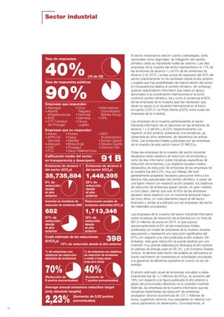 32
Sector industrial
El sector industrial es vital en cuanto a estrategias, tanto
nacionales como regionales, de mitigación del cambio
climático dada su importante huella de carbono. Las diez
empresas de la muestra del sector representaron el 11% de
las emisiones de alcance 1 y el 5% de las emisiones de
alcance 2 en 2015. La tasa actual de respuesta del 32% del
sector prácticamente no ha cambiado desde el año anterior
y sugiere que hay posibilidades de mejora dentro del sector
en transparencia relativa al cambio climático. Sin embargo,
quienes respondieron informaron que había un apoyo
abrumador a la coordinación internacional en la lucha
contra el cambio climático, tal y como lo evidencia el 80%
de las empresas de la muestra que han declarado que
darán su apoyo a un acuerdo internacional en el futuro
encuentro COP 21 en París (frente al 63% entre todas las
empresas de la muestra).
Las empresas de la muestra pertenecientes al sector
industrial informaron de un descenso en las emisiones de
alcance 1 y 2 del 6% y el 22% respectivamente con
respecto al año anterior, acelerando una tendencia, ya
observada en años anteriores, de descensos de ambas
cifras. Las emisiones totales publicadas por las empresas
de la muestra de este sector fueron 37 MtCO2
e.
Todas las empresas de la muestra del sector industrial
declararon tener objetivos de reducción de emisiones y
ocho de diez informaron sobre iniciativas específicas de
reducción de emisiones. Los objetivos anuales medios
declarados de reducción de emisiones de las empresas de
la muestra fue del 2,2%, muy por debajo del nivel
generalmente aceptado necesario para poner freno a los
efectos más perjudiciales del cambio climático. A pesar de
una ligera mejora con respecto al año pasado, los objetivos
de reducción de emisiones siguen siendo, en gran medida,
a corto plazo, siendo que solo el 40% de las empresas
declaran tener objetivos con un horizonte temporal mayor
de cinco años, un nivel solamente mayor al del sector
financiero y similar al publicado por las empresas del sector
de materiales procesados.
Las empresas de la muestra del sector industrial informaron
sobre iniciativas de reducción de emisiones por un total de
681,5 millones de euros en 2014, lo que supuso
aproximadamente el 6% de las inversiones totales
publicadas por todas las empresas de la muestra durante
ese periodo y representó una reducción significativa del
67% con respecto a la cifra publicada el año anterior. Sin
embargo, esta gran reducción se puede explicar por una
inversión muy grande realizada por Abengoa el año anterior
en plantas de energía solar en EE.UU. y en Emiratos Árabes
Unidos. Al eliminar este hecho del análisis se demuestra un
fuerte crecimiento en inversiones en actividades vinculadas
a la ganancia de eficiencia operativa en cuanto al uso de
energía.
El ahorro estimado anual de emisiones vinculado a estas
inversiones fue de 1,7 millones de tCO2
e, un aumento del
18% con respecto a la figura publicada el año anterior a
pesar del pronunciado descenso en la cantidad invertida.
Además, las empresas de la muestra informaron que las
iniciativas implantadas de reducción de emisiones
produjeron ahorros económicos de 131,1 millones de
euros, sugiriendo retornos muy saludables en relación con
varios parámetros de desempeño. Concretamente, el
Tasa de respuestas
(10 de 25)
40%Tasa de respuestas públicas
Empresas que responden
Abengoa
Abertis
Infraestructuras
ACS
CTT Correios
de Portugal
Duro
Felguera
Ferrovial
Gamesa
Grupo
Logista
International
Consolidated
Airlines Group
OHL
Empresas que no responden
Adveo
APPLUS
Services
Azkoyen
CAF
FCC
Fluidra
Inapa
Martifer
Mota-Engil
Prosegur
Sacyr Vallehermoso
SDC
Investimentos
Sonae Capital
Teixeira Duarte
Zardoya Otis
90%
Calificación media del sector
en transparencia y desempeño 91 B
Coste estimado de las reducciones
(€/tCO2
e)
70%
398
% de empresas con objetivos
de reducción de emisiones
a medio o largo plazo
(más de 5 años)
40%
Average annual emissions reduction target
(only absolute targets)
(Aumento de 0,02 puntos
porcentuales)2,23%
% de empresas con
objetivos de reducción
absoluta de emisiones
(Reducción de
8 puntos porcentuales)
(Aumento de
7 puntos porcentuales)
Emisiones de alcance 1
del sector (tCO2
e)
35,735,884
6% de
reducción
desde
el año
anterior
Emisiones de alcance 2
del sector (tCO2
e)
1,448,395
22% de
reducción
desde
el año
anterior
Inversión en iniciativas de
reducción de emisiones (M€)
682
67% de
reducción
desde
el año
anterior
Reducciones anuales de
emisiones estimadas (tCO2
e)
1,713,346
18% de
reducción
desde
el año
anterior
72% de reducción desde el año anterior
Informe CDP esp. 2015 30/10/15 10:10 Página 32
 