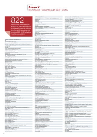 Anexo V
Inversores Firmantes de CDP 2015
42
3Sisters Sustainable Management LLC
AB
Aberdeen Asset Managers
Aberdeen Immobilien KAG mbH
ABRAPP - Associação Brasileira das Entidades Fechadas de
Previdência Complementar
Achmea NV
ACTIAM
Active Earth Investment Management
Acuity Investment Management
Addenda Capital Inc.
Advanced Investment Partners
AEGON N.V.
AEGON-INDUSTRIAL Fund Management Co., Ltd
AIG Asset Management
AK Asset Management Inc.
Akbank T.A.S,.
Alberta Investment Management Corporation (AIMCo)
Alberta Teachers Retirement Fund Board
Alcyone Finance
Align Impact, LLC
AllenbridgeEpic Investment Advisers Limited
Alliance Trust PLC
Allianz Global Investors
Allianz Group Altira Group
Amalgamated Bank
AMF Pension
Amlin plc
AMP Capital Investors
AmpegaGerling Investment GmbH
Amundi AM
ANBIMA – Associação Brasileira das Entidades dos Mercados
Financeiro e de Capitais
Antera Gestão de Recursos S.A.
APG
Appleseed Fund
AQEX LLC
Aquila Capital
Arabesque Asset Management
Arisaig Partners Asia Pte Ltd
Arjuna Capital
Arkx Investment Management
Arma Portföy Yönetimi A.S, .
Armstrong Asset Management
ASM Administradora de Recursos S.A.
ASN Bank
Assicurazioni Generali Spa
ATI Asset Management
Atlantic Asset Management Pty Ltd
ATP Group
Australia and New Zealand Banking Group
Australian Ethical Investment
AustralianSuper
Avaron Asset Management
Aviva Investors
Aviva plc
AXA Group
AXA Investment Managers
BAE Systems Pension Funds Investment Management Ltd
Baillie Gifford & Co.
BaltCap
Banca Monte dei Paschi di Siena Group
Banco Bradesco S/A
Banco Comercial Português S.A.
Banco da Amazônia S.A.
Banco de Credito del Peru BCP
Banco de credito social cooperativo
Banco de Galicia y Buenos Aires S.A.
Banco do Brasil Previdência
Banco do Brasil S/A
Banco Popular Español
Banco Sabadell, S.A.
Banco Santander
Banesprev – Fundo Banespa de Seguridade Social
Banif, SA
Bank Handlowy w Warszawie S.A.
Bank Leumi Le Israel
Bank of America Merrill Lynch
Bank of Montreal
Bank Vontobel AG
Bankhaus Schelhammer & Schattera Kapitalanlagegesellschaft m.b.H.
BANKIA S.A.
Bankinter
bankmecu
Banque Degroof
Banque Libano-Française
Barclays
Basellandschaftliche Kantonalbank
BASF Sociedade de Previdência Complementar
Basler Kantonalbank
Bâtirente
Baumann and Partners S.A.
Bayern LB
BayernInvest Kapitalanlagegesellschaft mbH
BBC Pension Trust Ltd.
BBVA
Bedfordshire Pension Fund
Beetle Capital
BEFIMMO SA
Bendigo & Adelaide Bank Limited
Bentall Kennedy
Berenberg Bank
Berti Investments
BioFinance Administração de Recursos de Terceiros Ltda
BlackRock
Blom Bank SAL
Blumenthal Foundation
BM&FBOVESPA
BNP Paribas Investment Partners
BNY Mellon
BNY Mellon Service Kapitalanlage Gesellschaft
Boardwalk Capital Management
Boston Common Asset Management, LLC
BP Investment Management Limited
BPER Banca
Brasilprev Seguros e Previdência S/A.
Breckenridge Capital Advisors
British Airways Pension Investment Management Limited
British Coal Staff Superannuation Scheme
British Columbia Investment Management Corporation
Brown Advisory
BSW Wealth Partners
BT Financial Group
BT Investment Management
Busan Bank
CAAT Pension Plan
Cadiz Holdings Limited
CAI Corporate Assets International AG
Caisse de dépôt et placement du Québec
Caisse des Dépôts
Caixa de Previdência dos Funcionários do Banco do Nordeste do
Brasil (CAPEF)
Caixa Econômica Federal
Caixa Geral de Depósitos
CaixaBank, S.A
California Public Employees’ Retirement System
California State Teachers’ Retirement System
California State Treasurer
Calouste Gulbenkian Foundation
Calvert Investment Management, Inc.
Canada Pension Plan Investment Board
Canadian Imperial Bank of Commerce (CIBC)
Canadian Labour Congress Staff Pension Fund
CAPESESP
Capital Innovations, LLC
Capricorn Investment Group, LLC
CareSuper
Carmignac Gestion
CASER PENSIONES
Cathay Financial Holding Co. Ltd
Catherine Donnelly Foundation
Catholic Super
CBF Church of England Funds
CBRE
Cbus
CCLA Investment Management Ltd
Cedrus Asset Management
Celeste Funds Management Limited
Central Finance Board of the Methodist Church
Ceres
CERES-Fundação de Seguridade Social
Challenger
Change Investment Management
Christian Brothers Investment Services
Christian Super
Christopher Reynolds Foundation
Church Commissioners for England
Church of England Pensions Board
CI Mutual Funds’ Signature Global Advisors
Clean Yield Asset Management
ClearBridge Investments
Climate Change Capital Group Ltd
CM-CIC Asset Management
Comerica Incorporated
COMGEST
Commerzbank AG
CommInsure
Commonwealth Bank of Australia
Commonwealth Superannuation Corporation
Compton Foundation
Concordia oeco Lebensversicherungs-AG
Confluence Capital Management LLC
Connecticut Retirement Plans and Trust Funds
Conser Invest
Co-operative Financial Services (CFS)
CPR AM
Crayna Capital, LLC.
Credit Agricole
Credit Suisse
CTBC Financial Holding Co., Ltd.
Cultura Bank
Daesung Capital Management
Daiwa Asset Management Co. Ltd.
Daiwa Securities Group Inc.
Dalton Nicol Reid
Dana Investment Advisors
Danske Bank Group
de Pury Pictet Turrettini & Cie S.A.
DekaBank Deutsche Girozentrale
Delta Lloyd Asset Management
Demeter Partners
Desjardins Group
Deutsche Asset Management Investmentgesellschaft mbH
Deutsche Bank AG
Deutsche Postbank AG
Development Bank of Japan Inc.
Development Bank of the Philippines (DBP)
Dexia Asset Management
DEXUS Property Group
DGB Financial Group
DIP
DLM INVISTA ASSET MANAGEMENT S/A
DNB ASA
Domini Social Investments LLC
Dongbu Insurance
DoubleDividend
Doughty Hanson & Co.
DWS Investment GmbH
DZ Bank
E.Sun Financial Holding Co
Earth Capital Partners LLP
East Capital AB
East Sussex Pension Fund
Ecclesiastical Investment Management Ltd.
Ecofi Investissements - Groupe Credit Cooperatif
Edward W. Hazen Foundation
EEA Group Ltd
EGAMO
Eika Kapitalforvaltning AS
Eko
Ekobanken medlemsbank (cooperative bank)
Elan Capital Partners
Element Investment Managers
ELETRA - Fundação Celg de Seguros e Previdência
Elo Mutual Pension Insurance Company
Environment Agency Active Pension fund
Environmental Investment Services Asia Limited
Epworth Investment Management
eQ Asset Management Ltd
Equilibrium Capital Group
equinet Bank AG
ERAFP
Erik Penser Fondkommission
Erste Asset Management
Erste Group Bank
Essex Investment Management Company, LLC
ESSSuper
Ethos Foundation
Etica Sgr
Eureka Funds Management
Eurizon Capital SGR
Evangelical Lutheran Church in Canada Pension Plan for Clergy
and Lay Workers
Evangelical Lutheran Foundation of Eastern Canada
Evangelisch-Luth. Kirche in Bayern
Evli Bank Plc
F&C Investments
FACEB – FUNDAÇÃO DE PREVIDÊNCIA DOS EMPREGADOS
DA CEB
FAELCE – Fundacao Coelce de Seguridade Social
FAPERS- Fundação Assistencial e Previdenciária da Extensão
Rural do Rio Grande do Sul
FASERN - Fundação COSERN de Previdência Complementar
Federal Finance
Fédéris Gestion d’Actifs
FIDURA Capital Consult GmbH
FIM Asset Management Ltd
FIM Services
Finance S.A.
Financiere de l’Echiquier
FIPECq - Fundação de Previdência Complementar dos
Empregados e Servidores da FINEP, do IPEA, do CNPq
FIRA. - Banco de Mexico
First Affirmative Financial Network
First Bank
First State Super
822instituciones financieras con
activos por valor de 95 billones
de dólares firmaron la solicitud
de información sobre cambio
climático CDP 2015 fechada el
1 de febrero de 2015
Informe CDP esp. 2015 30/10/15 10:11 Página 42
 