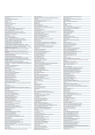 43
First Swedish National Pension Fund (AP1)
FirstRand Ltd
Five Oceans Asset Management
Folketrygdfondet
Folksam
Fondaction CSN
Fondation de Luxembourg
Fondazione Cariplo
Fondo Pegaso
Fondo Pensione Cometa
Fondo Pensione Gruppo Intesa Sanpaolo - FAPA
Fonds de Réserve pour les Retraites – FRR
Forma Futura Invest AG
Fourth Swedish National Pension Fund, (AP4)
FRANKFURT-TRUST Investment-Gesellschaft mbH
Friends Fiduciary Corporation
Friends Life
Fubon Financial Holdings
Fukoku Capital Management Inc
FUNCEF - Fundação dos Economiários Federais
Fundação AMPLA de Seguridade Social - Brasiletros
Fundação Atlântico de Seguridade Social
Fundação Attilio Francisco Xavier Fontana
Fundação Banrisul de Seguridade Social
Fundação BRDE de Previdência Complementar - ISBRE
Fundação Chesf de Assistência e Seguridade Social – Fachesf
Fundação Corsan - dos Funcionários da Companhia
Riograndense de Saneamento
Fundação de Assistência e Previdência Social do BNDES -
FAPES
FUNDAÇÃO ELETROBRÁS DE SEGURIDADE SOCIAL -
ELETROS
Fundação Itaipu BR - de Previdência e Assistência Social
FUNDAÇÃO ITAUBANCO
Fundação Itaúsa Industrial
Fundação Promon de Previdência Social
Fundação Rede Ferroviaria de Seguridade Social – Refer
FUNDAÇÃO SANEPAR DE PREVIDÊNCIA E ASSISTÊNCIA
SOCIAL - FUSAN
Fundação Sistel de Seguridade Social (Sistel)
Fundação Vale do Rio Doce de Seguridade Social - VALIA
FUNDIÁGUA - FUNDAÇÃO DE PREVIDENCIA COMPLEMENTAR
DA CAESB
Futuregrowth Asset Management
GameChange Capital LLC
Garanti Bank
GEAP Fundação de Seguridade Social
Gemway Assets
General Equity Group AG
Generation Investment Management
Genus Capital Management
German Equity Trust AG
Gjensidige Forsikring ASA
Global Forestry Capital SARL
Globalance Bank Ltd
GLS Gemeinschaftsbank eG
Goldman Sachs Asset Management
Goldman Sachs Group Inc.
GOOD GROWTH INSTITUT für globale Vermögensentwicklung
mbH
Good Super
Governance for Owners
Government Employees Pension Fund (“GEPF”), Republic of
South Africa
GPT Group
Greater Manchester Pension Fund
Green Alpha Advisors
Green Cay Asset Management
Green Century Capital Management
Green Science Partners
Greentech Capital Advisors, LLC
GROUPAMA EMEKLİLİK A.S,.
GROUPAMA SİGORTA A.S,.
Groupe Crédit Coopératif
Groupe Investissement Responsable Inc.
GROUPE OFI AM
Grupo Financiero Banorte SAB de CV
Grupo Santander Brasil
Gruppo Bancario Credito Valtellinese
Guardians of New Zealand Superannuation
Hall Capital Partners LLC
Handelsbanken
Hang Seng Bank
Hanwha Asset Management Company
Harbour Asset Management
Harrington Investments, Inc
Harvard Management Company, Inc.
Hauck & Aufhäuser Asset Management GmbH
Hazel Capital LLP
HDFC Bank Ltd.
Healthcare of Ontario Pension Plan (HOOPP)
Heart of England Baptist Association
Helaba Invest Kapitalanlagegesellschaft mbH
Henderson Global Investors
Hermes Fund Managers - BUT Hermes EOS for Carbon Action
HESTA Super
HIP Investor
Holden & Partners
HSBC Global Asset Management (Deutschland) GmbH
HSBC Holdings plc
HSBC INKA Internationale Kapitalanlagegesellschaft mbH
HUMANIS
Hyundai Marine & Fire Insurance Co., Ltd
Hyundai Securities Co., Ltd.
IBK Securities
IDBI Bank Ltd.
Iguana Investimentos
Illinois State Board of Investment
Ilmarinen Mutual Pension Insurance Company
Imofundos, S.A
Impax Asset Management
IndusInd Bank Ltd.
Industrial Alliance Insurance and Financial Services Inc.
Industrial Bank of Korea
Industrial Development Corporation
Industry Funds Management
Inflection Point Capital Management
Inflection Point Partners
Infrastructure Development Finance Company
ING Group N.V.
Insight Investment
Instituto Infraero de Seguridade Social - INFRAPREV
Instituto Sebrae De Seguridade Social - SEBRAEPREV
Insurance Australia Group
Integre Wealth Management of Raymond James
Interfaith Center on Corporate Responsibility
IntReal KAG
Investec Asset Management
Investing for Good CIC Ltd
Investor Environmental Health Network
Irish Life Investment Managers
Itau Asset Management
Itaú Unibanco Holding S A
Jantz Management LLC
Janus Capital Group Inc.
Jarislowsky Fraser Limited
Jessie Smith Noyes Foundation
Jesuits in Britain
JMEPS Trustees Limited
JOHNSON & JOHNSON SOCIEDADE PREVIDENCIARIA
Johnson Private Wealth Management, LLC
JPMorgan Chase & Co.
Jubitz Family Foundation
Jupiter Asset Management
Kagiso Asset Management
Kaiser Ritter Partner Privatbank AG
KB Kookmin Bank
KBC Asset Management
KBC Group
KCPS Private Wealth Management
KDB Asset Management Co. Ltd
KDB Daewoo Securities
Kendall Sustainable Infrastructure, LLC
Kepler Cheuvreux
KEPLER-FONDS KAG
Keva
KeyCorp
KfW Bankengruppe
Killik & Co LLP
Kiwi Income Property Trust
Kleinwort Benson Investors
KlimaINVEST
KLP
Korea Investment Management Co., Ltd.
Korea Technology Finance Corporation (KOTEC)
KPA Pension
La Banque Postale Asset Management
La Financière Responsable
La Française
Laird Norton Family Foundation
Lampe Asset Management GmbH
Landsorganisationen i Sverige
Länsförsäkringar
LaSalle Investment Management
LBBW - Landesbank Baden-Württemberg
LBBW Asset Management Investmentgesellschaft mbH
LD Lønmodtagernes Dyrtidsfond
Legal and General Investment Management
Legg Mason Global Asset Management
LGT Group
LGT Group Foundation
LIG Insurance
Light Green Advisors, LLC
Living Planet Fund Management Company S.A.
Lloyds Banking Group
Local Authority Pension Fund Forum
Local Government Super
LocalTapiola Asset Management Ltd
Logos portföy Yönetimi A.S, .
Lombard Odier Asset Management
London Pensions Fund Authority
Lothian Pension Fund
LUCRF Super
Ludgate Investments Limited
Lutheran Council of Great Britain
Macquarie Group Limited
MagNet Magyar Közösségi Bank Zrt.
Maine Public Employees Retirement System
MainFirst Bank AG
Making Dreams a Reality Financial Planning
Malakoff Médéric
MAMA Sustainable Incubation AG
Man
Mandarine Gestion
MAPFRE
Maple-Brown Abbott
Marc J. Lane Investment Management, Inc.
Martin Currie Investment Management
Maryknoll Sisters
Maryland State Treasurer
Matrix Asset Management
MATRIX GROUP LTD
McLean Budden
Mediobanca
Meeschaert Gestion Privée
Meiji Yasuda Life Insurance Company
Mellon Capital
Mendesprev Sociedade Previdenciária
Mercer
Merck Family Fund
Mercy Investment Services, Inc.
Mergence Investment Managers
Merseyside Pension Fund
MetallRente GmbH
Metrus – Instituto de Seguridade Social
Metzler Asset Management Gmbh
MFS Investment Management
Midas International Asset Management, Ltd.
Miller/Howard Investments, Inc.
Mirae Asset Global Investments
Mirae Asset Securities Co., Ltd.
Mirova
Mirvac Group Ltd
Missionary Oblates of Mary Immaculate
Mistra, The Swedish Foundation for Strategic Environmental
Research
Mitsubishi UFJ Financial Group
Mitsui Sumitomo Insurance Co.,Ltd
Mizuho Financial Group, Inc.
MN
Mobimo Holding AG
Momentum Manager of Managers (Pty) Limited
Momentum Manager of Managers (Pty) Ltd
Monega Kapitalanlagegesellschaft mbH
Mongeral Aegon Seguros e Previdência S/A
Montanaro Asset Management Limited
Morgan Stanley
Mountain Cleantech AG
MTAA Superannuation Fund
Nanuk Asset Management
National Australia Bank Limited
National Bank of Canada
NATIONAL BANK OF GREECE S.A.
National Grid Electricity Group of the Electricity Supply Pension
Scheme
National Grid UK Pension Scheme
National Pensions Reserve Fund of Ireland
National Union of Public and General Employees (NUPGE)
NATIXIS
Natural Investments LLC
Nedbank Limited
Needmor Fund
NEI Investments
Nelson Capital Management, LLC
NEST - National Employment Savings Trust
Nest Sammelstiftung
Neuberger Berman
New Alternatives Fund Inc.
New Amsterdam Partners LLC
New Forests
New Mexico State Treasurer
New Resource Bank
New York City Employees Retirement System
New York City Teachers Retirement System
New York State Common Retirement Fund
New York State Comptroller
Newground Social Investment
Newton
NGS Super
NH-CA Asset Management Company
Nikko Asset Management Americas
Nikko Asset Management Co., Ltd.
Nipponkoa Insurance Company, Ltd
Nissay Asset Management Corporation
Nomura Holdings, Inc.
NORD/LB Kapitalanlagegesellschaft AG
Nordea Investment Management
Norfolk Pension Fund
Norges Bank Investment Management
North Carolina Retirement System
North East Scotland Pension fund
Northern Ireland Local Government Officers’ Superannuation
Committee (NILGOSC)
NORTHERN STAR GROUP
Northern Trust
Informe CDP esp. 2015 30/10/15 10:11 Página 43
 