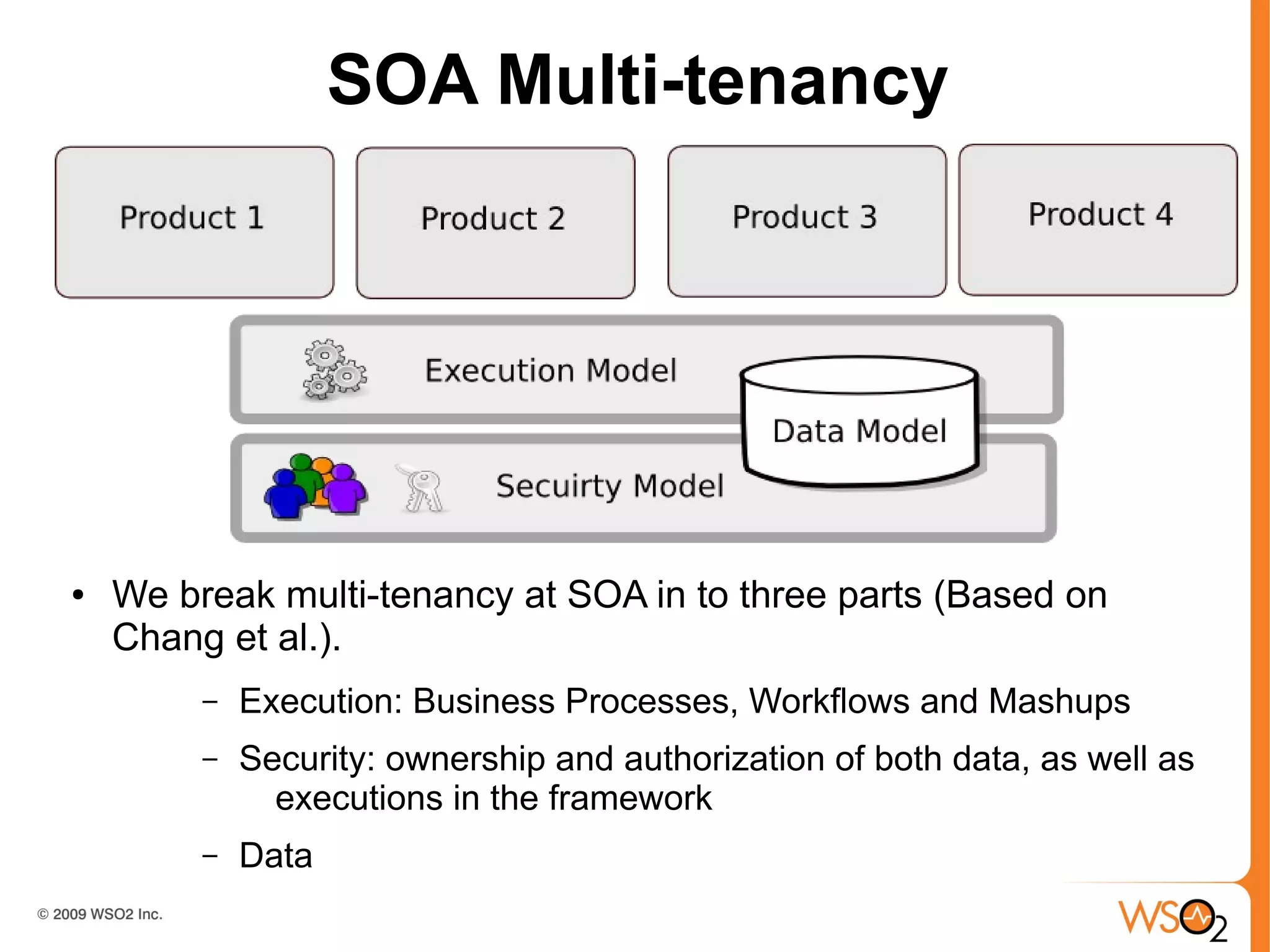 SOA Multi-tenancy




●   We break multi-tenancy at SOA in to three parts (Based on
    Chang et al.).
         –   Execution: Business Processes, Workflows and Mashups
         –   Security: ownership and authorization of both data, as well as
               executions in the framework
         –   Data
 