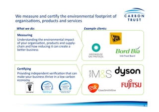 We	
  measure	
  and	
  cerBfy	
  the	
  environmental	
  footprint	
  of	
  
organisaBons,	
  products	
  and	
  services	
  
Measuring	
  
Understanding	
  the	
  environmental	
  impact	
  
of	
  your	
  organisaBon,	
  products	
  and	
  supply-­‐
chain	
  and	
  how	
  reducing	
  it	
  can	
  create	
  a	
  
beOer	
  business	
  
Cer)fying	
  
Providing	
  independent	
  veriﬁcaBon	
  that	
  can	
  
make	
  your	
  business	
  thrive	
  in	
  a	
  low	
  carbon	
  
economy	
  
What	
  we	
  do:	
   Example	
  clients:	
  
5	
  
 