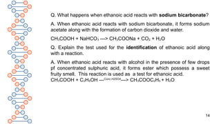 14
Q. What happens when ethanoic acid reacts with sodium bicarbonate?
A. When ethanoic acid reacts with sodium bicarbonate, it forms sodium
acetate along with the formation of carbon dioxide and water.
CH3COOH + NaHCO3 ---> CH3COONa + CO2 + H2O
Q. Explain the test used for the identification of ethanoic acid along
with a reaction.
A. When ethanoic acid reacts with alcohol in the presence of few drops
pf concentrated sulphuric acid, it forms ester which possess a sweet
fruity smell. This reaction is used as a test for ethanoic acid.
CH3COOH + C2H5OH ---Conc.H2SO4
---> CH3COOC2H5 + H2O
 