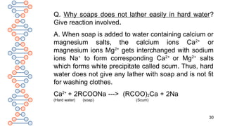 30
Q. Why soaps does not lather easily in hard water?
Give reaction involved.
A. When soap is added to water containing calcium or
magnesium salts, the calcium ions Ca2+
or
magnesium ions Mg2+
gets interchanged with sodium
ions Na+
to form corresponding Ca2+
or Mg2+
salts
which forms white precipitate called scum. Thus, hard
water does not give any lather with soap and is not fit
for washing clothes.
Ca2+
+ 2RCOONa ---> (RCOO)2Ca + 2Na
(Hard water) (soap) (Scum)
 