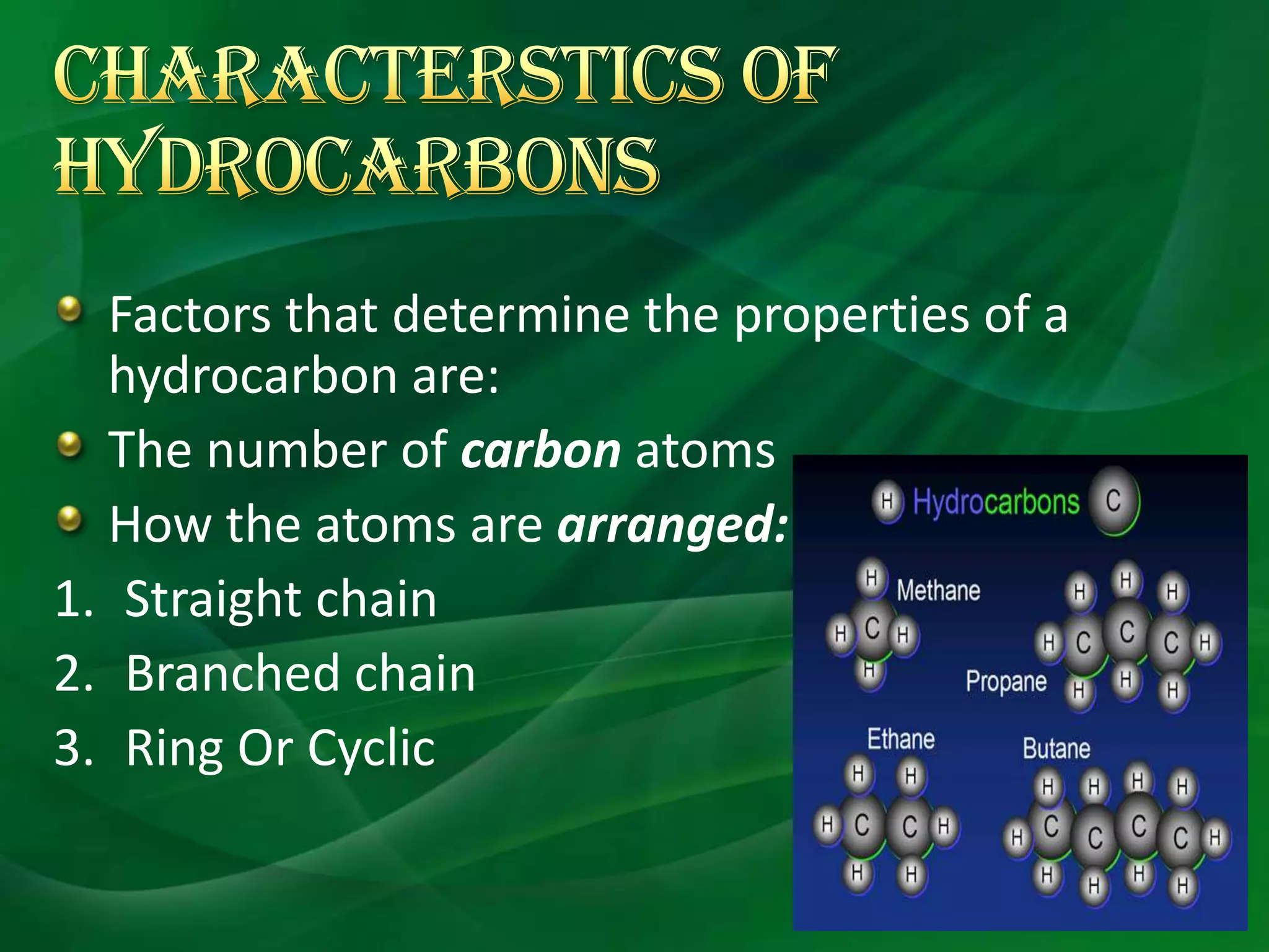 Factors that determine the properties of a
  hydrocarbon are:
  The number of carbon atoms
  How the atoms are arranged:
1. Straight chain
2. Branched chain
3. Ring Or Cyclic
 