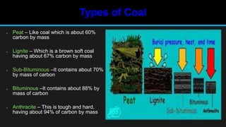 Types of Coal
 Peat – Like coal which is about 60%
carbon by mass
 Lignite – Which is a brown soft coal
having about 67% carbon by mass
 Sub-Bituminous –It contains about 70%
by mass of carbon
 Bituminous –It contains about 88% by
mass of carbon
 Anthracite – This is tough and hard,
having about 94% of carbon by mass
 