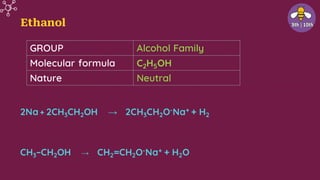 Ethanol
2Na + 2CH3CH2OH → 2CH3CH2O-Na+ + H2
CH3–CH2OH → CH2=CH2O-Na+ + H2O
GROUP Alcohol Family
Molecular formula C2H5OH
Nature Neutral
 