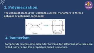 3. Polymerisation
The chemical process that combines several monomers to form a
polymer or polymeric compound.
4. Isomerism
Compounds having same molecular formula, but different structures are
called isomers and this property is called isomerism.
 