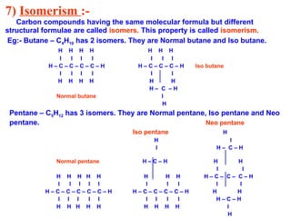 7) Isomerism :-
Carbon compounds having the same molecular formula but different
structural formulae are called isomers. This property is called isomerism.
Eg:- Butane – C4H10 has 2 isomers. They are Normal butane and Iso butane.
H H H H H H H
I I I I I I I
H – C – C – C – C – H H – C – C – C – H Iso butane
I I I I I I
H H H H H H
H – C – H
Normal butane I
H
Pentane – C5H12 has 3 isomers. They are Normal pentane, Iso pentane and Neo
pentane. Neo pentane
Iso pentane H
H I
I H – C – H
Normal pentane H – C – H H H
I I
H H H H H H H H H – C – C – C – H
I I I I I I I I I I
H – C – C – C – C – C – H H – C – C – C – C – H H H
I I I I I I I I I H – C – H
H H H H H H H H H I
H
 