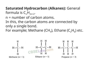 Saturated Hydrocarbon (Alkanes): General
formula is CnH2n+2.
n = number of carbon atoms.
In this, the carbon atoms are connected by
only a single bond.
For example; Methane (CH4), Ethane (C2H6) etc.
 