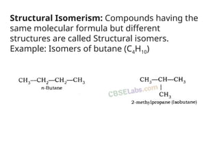 Structural Isomerism: Compounds having the
same molecular formula but different
structures are called Structural isomers.
Example: Isomers of butane (C4H10)
 